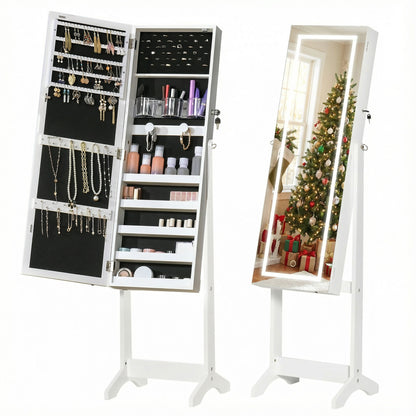 Jewellery Cabinet with LED Light, Lockable Jewellery Organiser with Full-Length Mirror for Bedroom Dressing Room, White