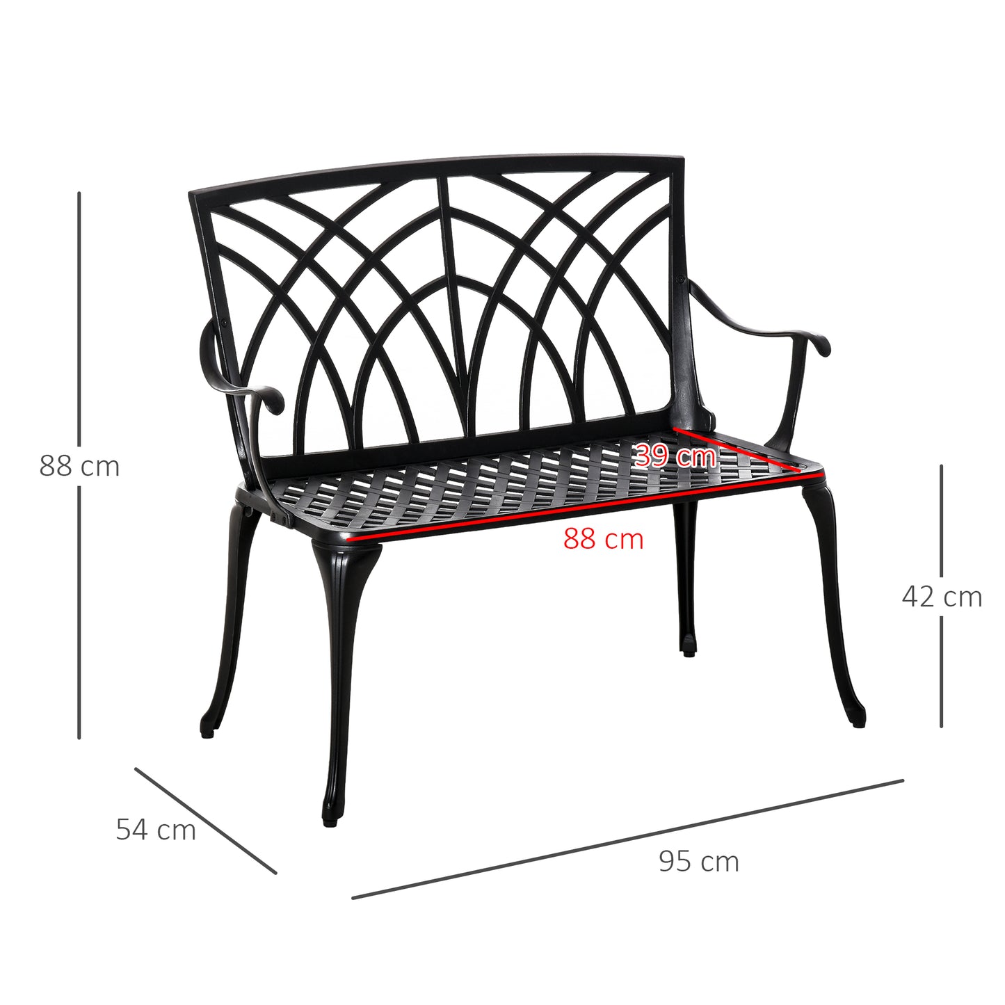 2-Seater Cast Aluminium Garden Bench Loveseat Outdoor Furniture Chair w/ Decorative Backrest & Ergonomic Armrest for Patio Te