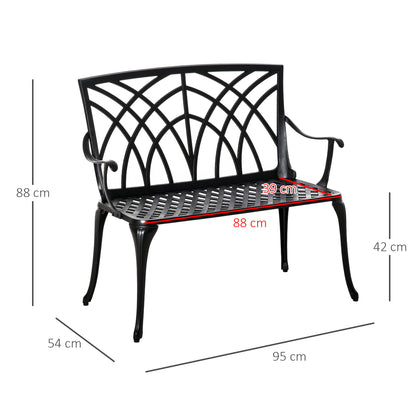 2-Seater Cast Aluminium Garden Bench Loveseat Outdoor Furniture Chair w/ Decorative Backrest & Ergonomic Armrest for Patio Te