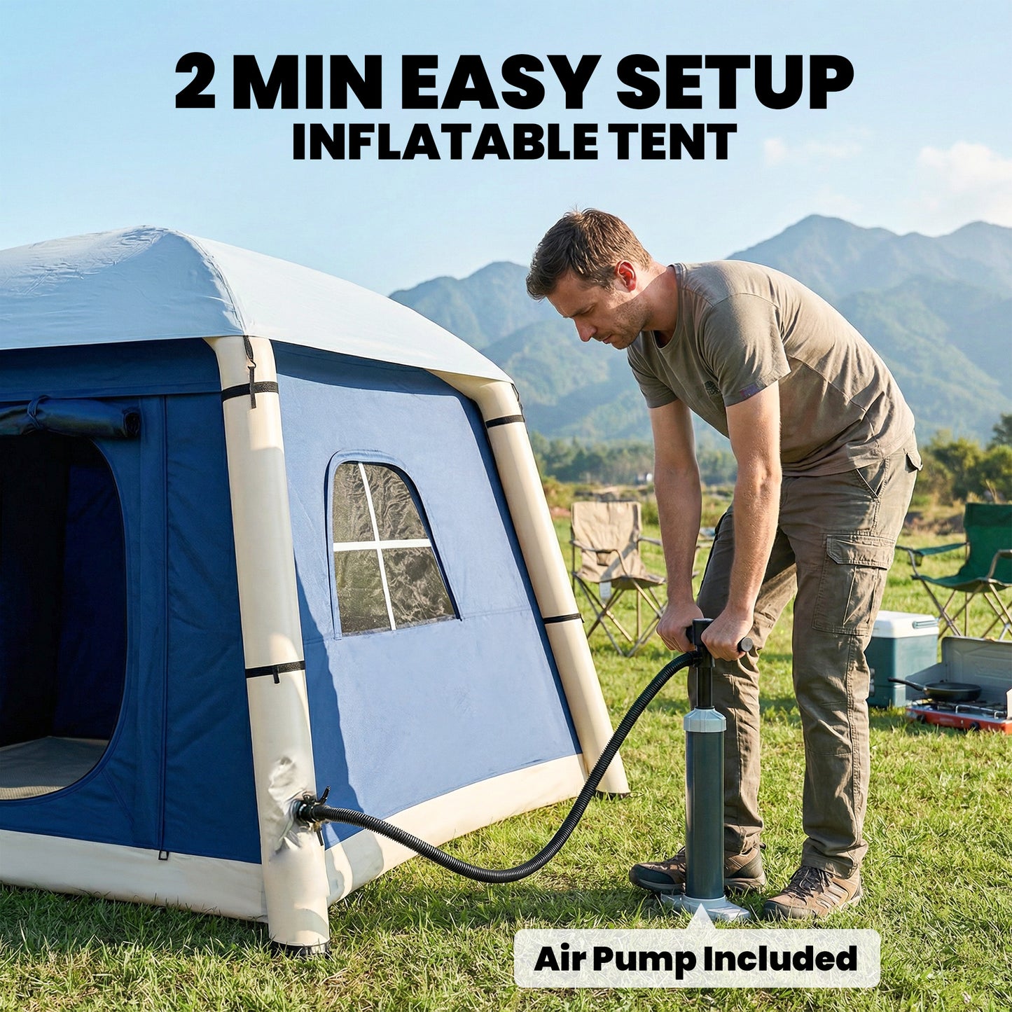 Inflatable Camping Tent w/ Hand Pump, Easy Setup 1/2 Person Blow Up Tent, Dark Blue