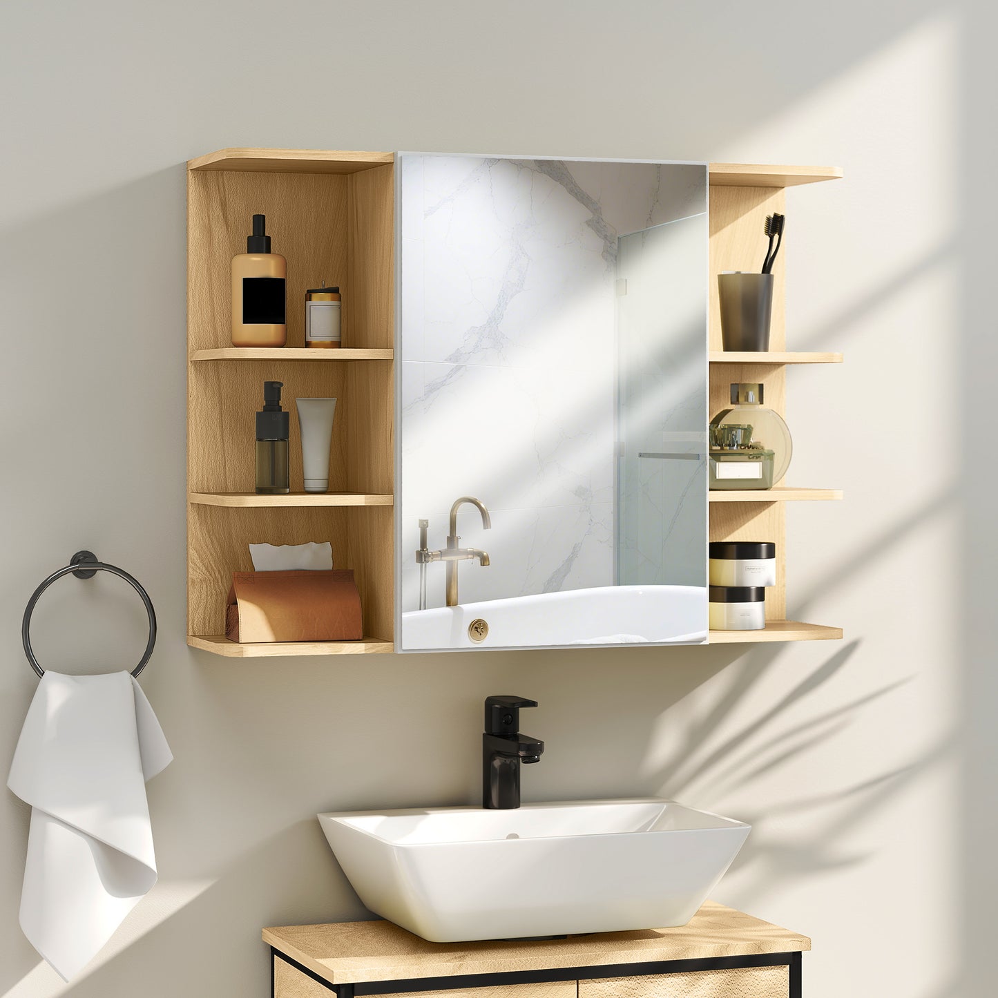 Bathroom Mirror Cabinet with Open Storage Shelves - Natural Wood Finish