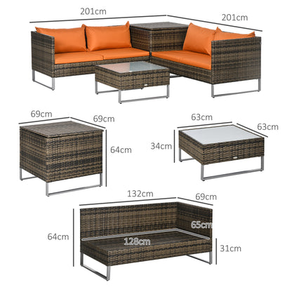 4 Piece Rattan Garden Furniture Set, Outdoor Corner Sofa Set with Storage Table, Loveseats, Cushions - Orange