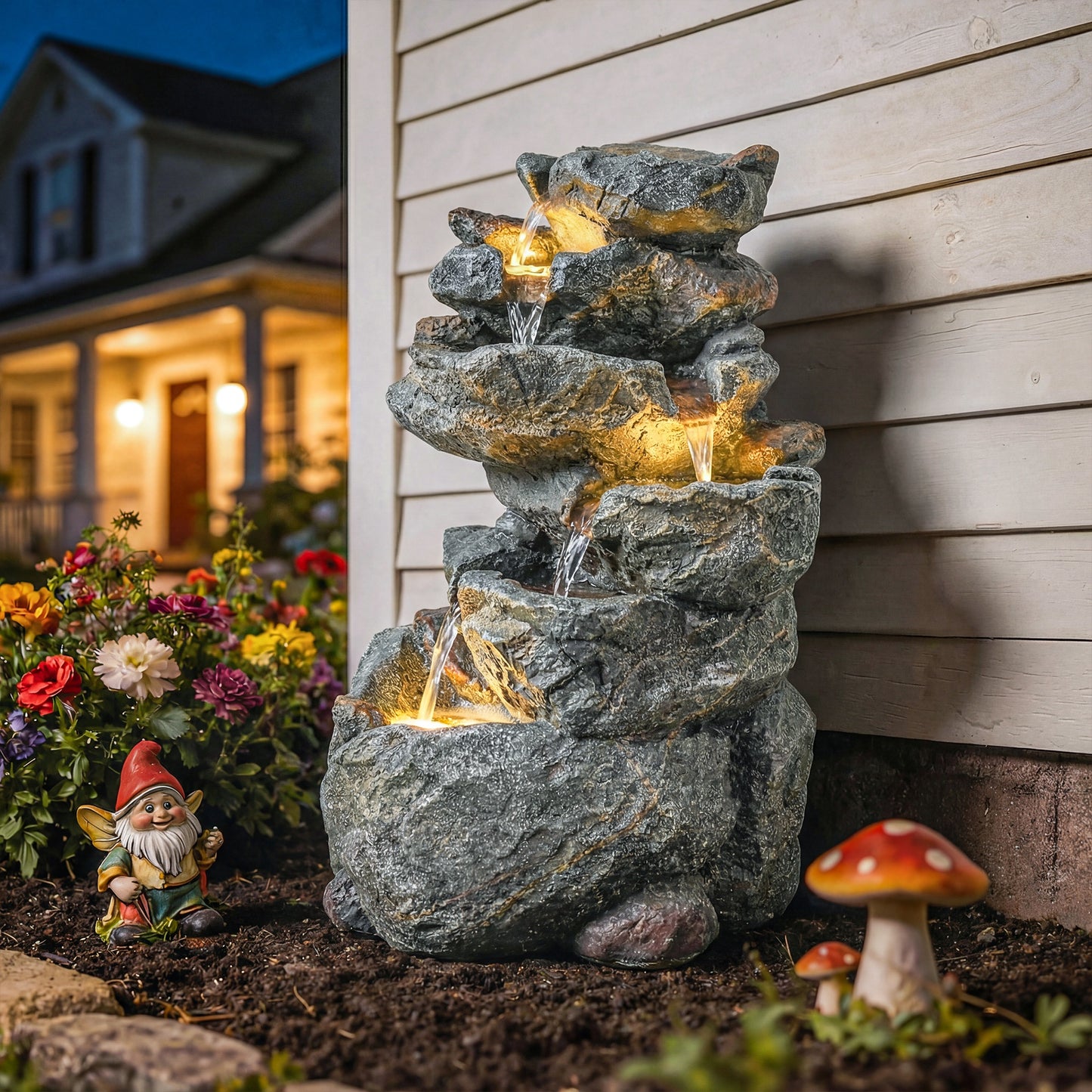 Outdoor Water Fountain with 6-Tier Rock Style, Cascading Waterfall Feature with LED Lights, Adjustable Flow, Grey