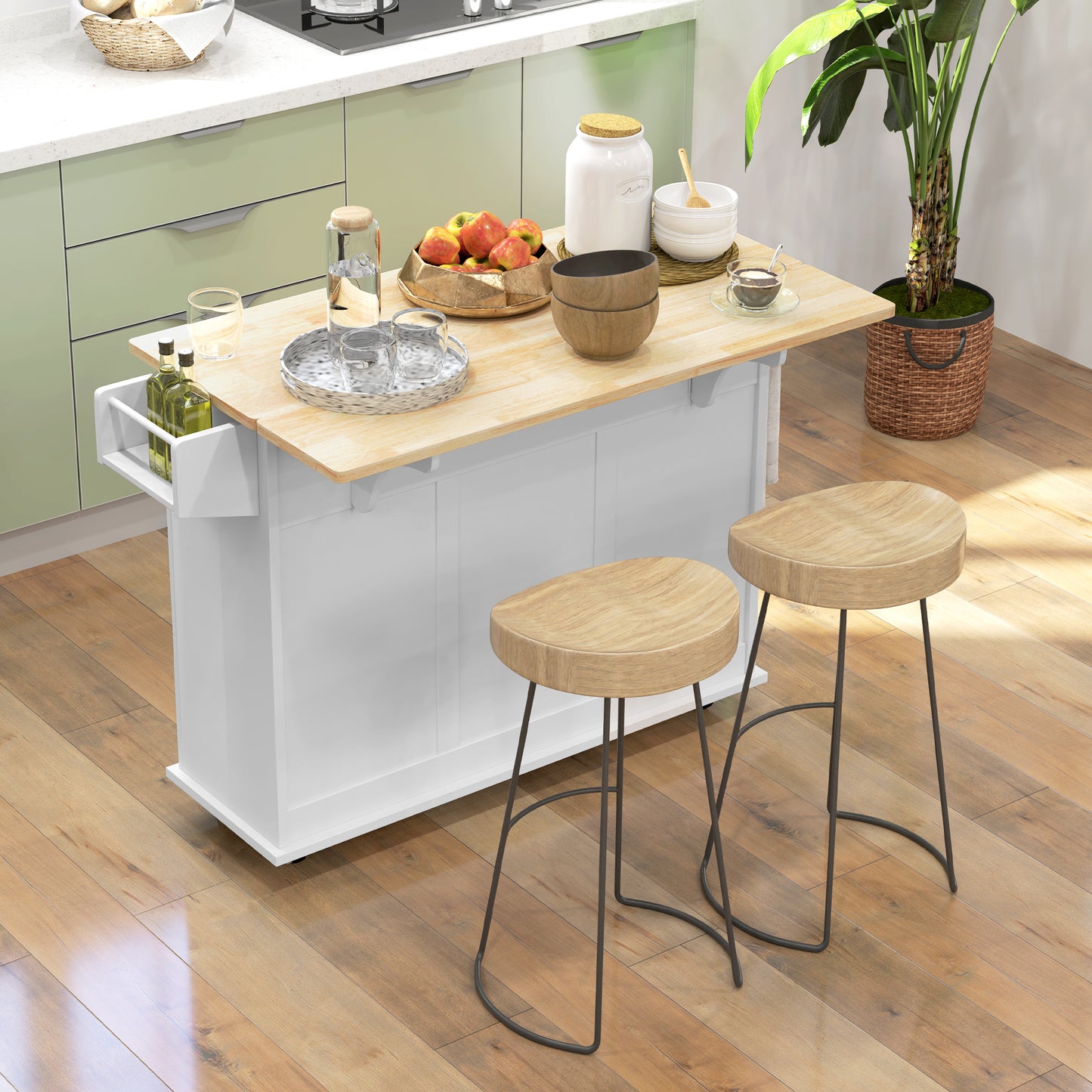Kitchen Island with Drop Leaf, Rolling Kitchen Storage Trolley on Wheels with 3 Drawers, Spice Rack and Towel Rack