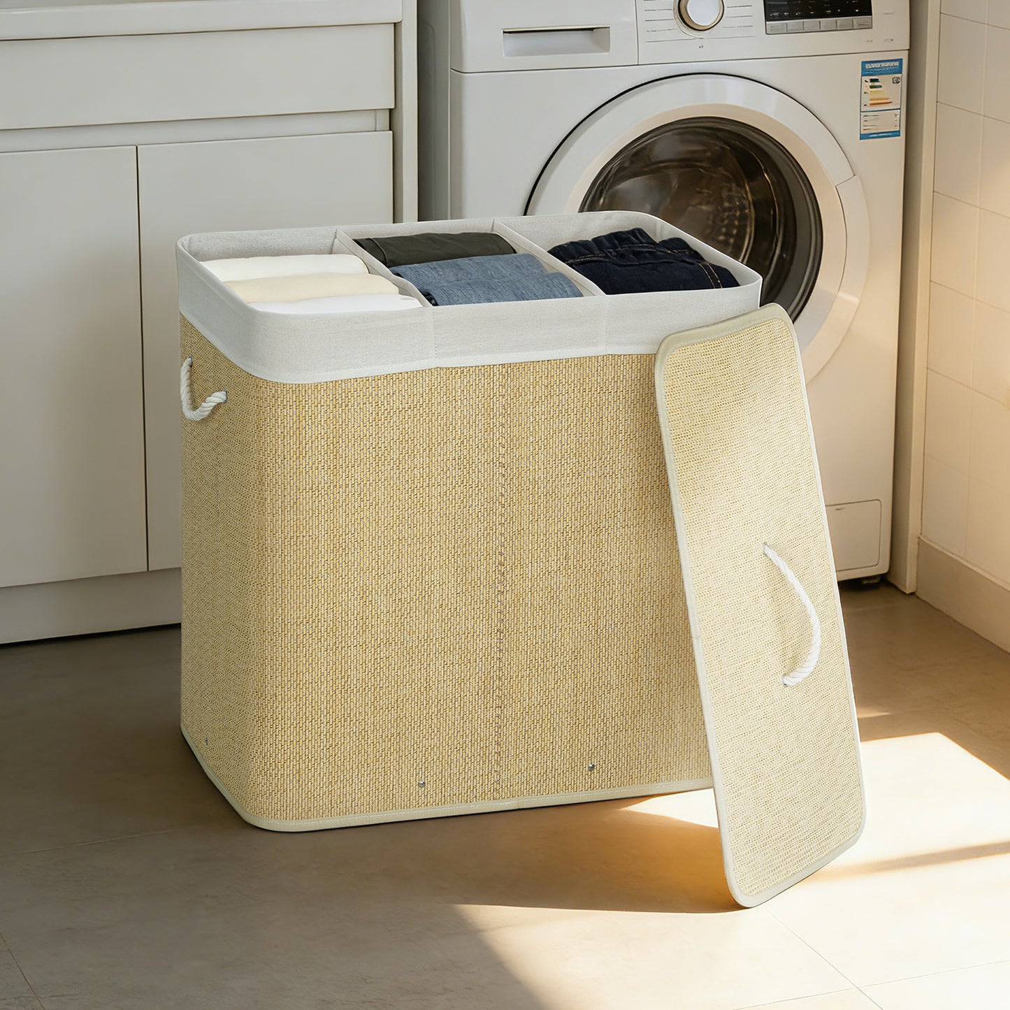 3 Section Laundry Basket with Lid, 144L Bamboo Laundry Hamper with Handles, Removable and Washable Liner, Cream White