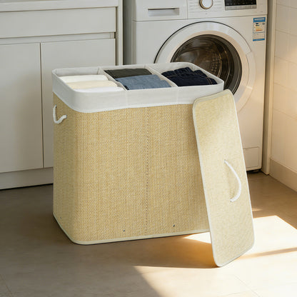 3 Section Laundry Basket with Lid, 144L Bamboo Laundry Hamper with Handles, Removable and Washable Liner, Cream White