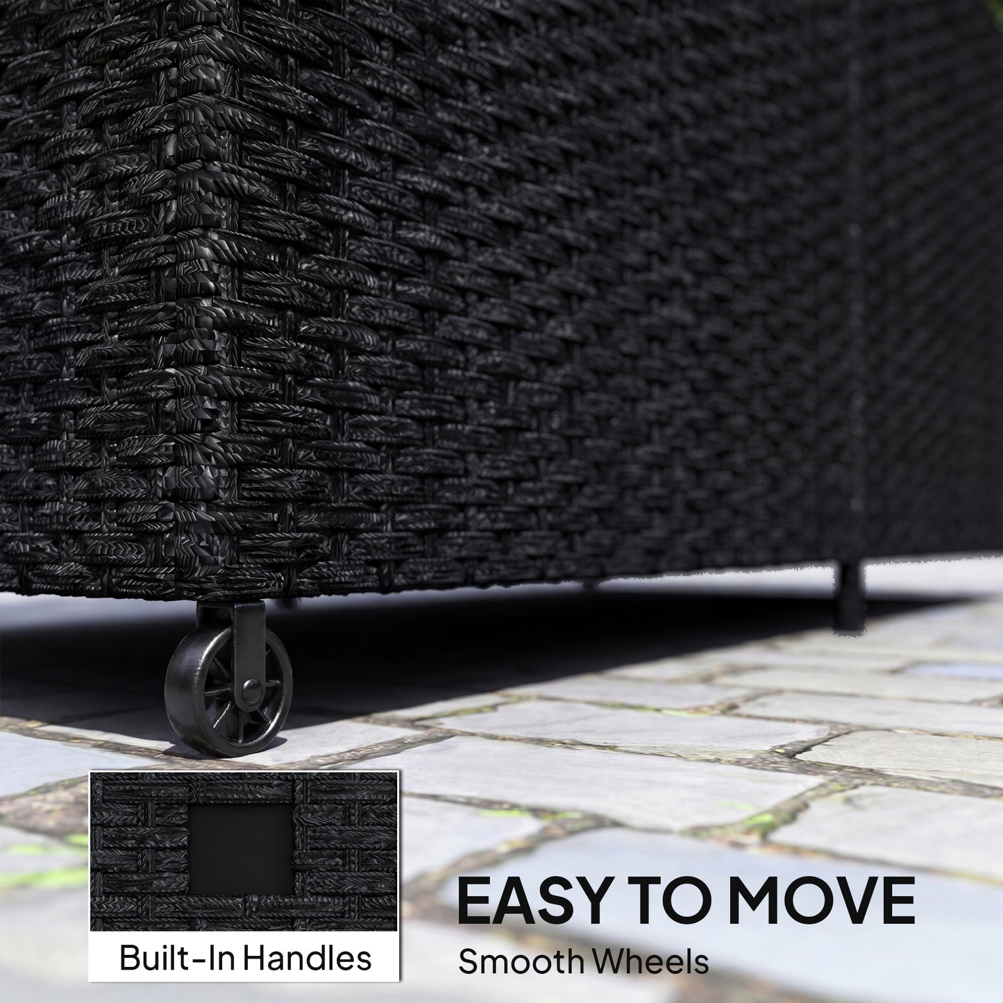650L Garden Storage Box with 2 Wheels, Rattan Deck Box with Waterproof Zipped Liner, Safe Pneumatic Rods, Black