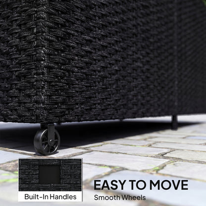 650L Garden Storage Box with 2 Wheels, Rattan Deck Box with Waterproof Zipped Liner, Safe Pneumatic Rods, Black