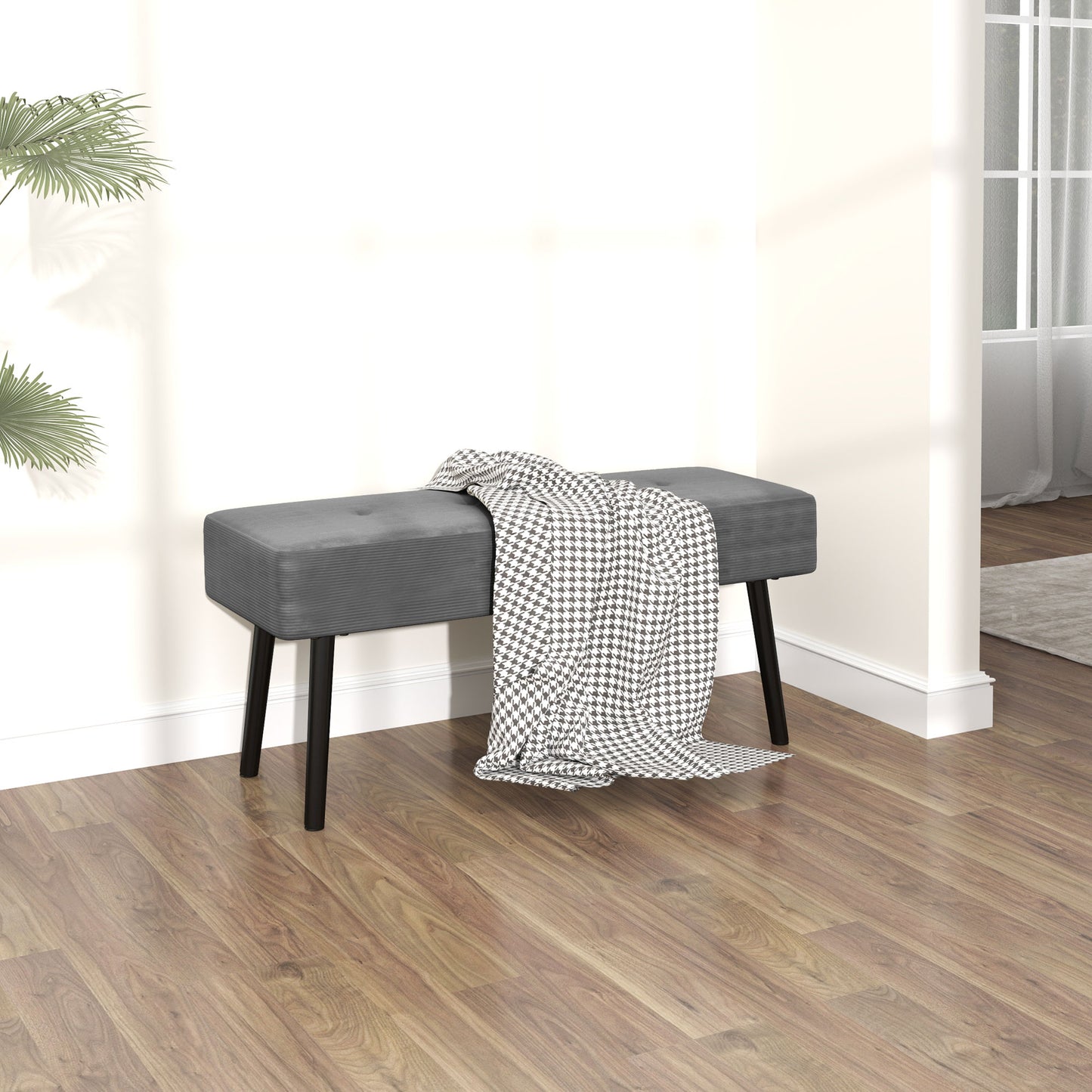 End of Bed Bench, Corduroy Bedroom Bench with Thick Padding and Steel Legs, Tufted Window Seat for Entryway, Living Room