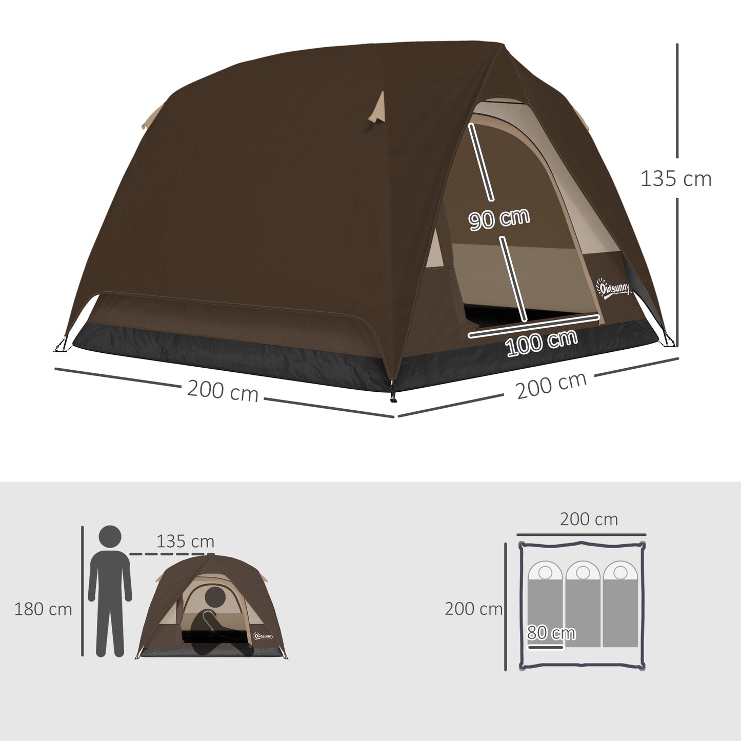 3-4 Person Camping Tent, Easy Set Up 3-4 Man Tent w/ Sewn-in Groundsheet, Waterproof Dome Tent w/ Mesh Windows, Brown