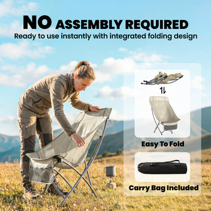 Camping Chair for Adults Heavy Duty Folding Camp Chair with Side Pocket and Carry Bag Khaki