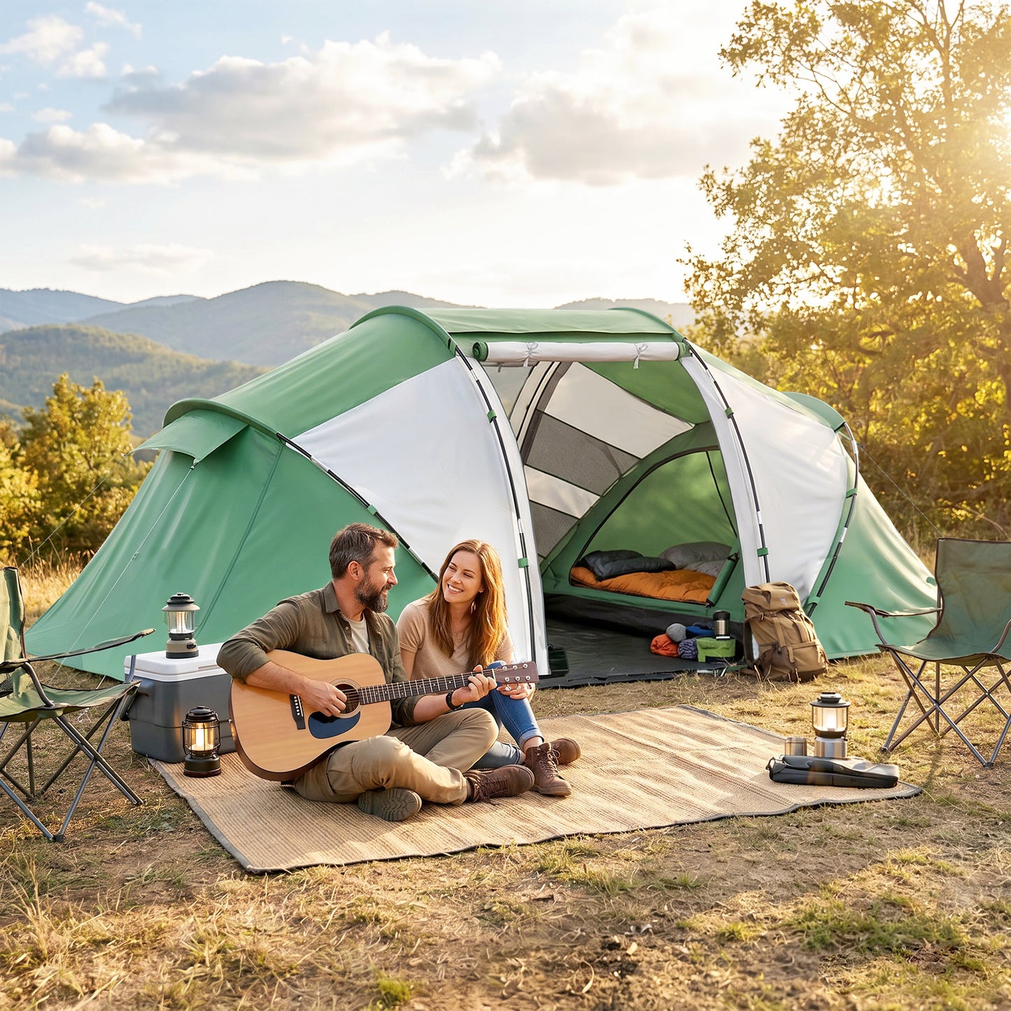 4 Man UV Protection Camping Tent - Green and White