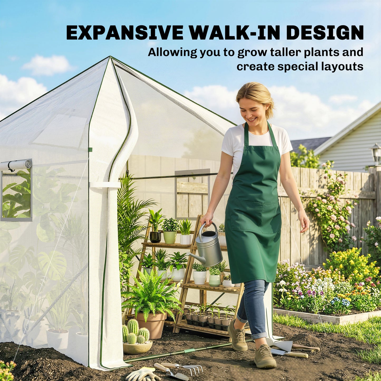Walk-in Greenhouse for Outdoors with Steel Frame, Large Plant House with Roll-up Door and PE Ground Cover, White