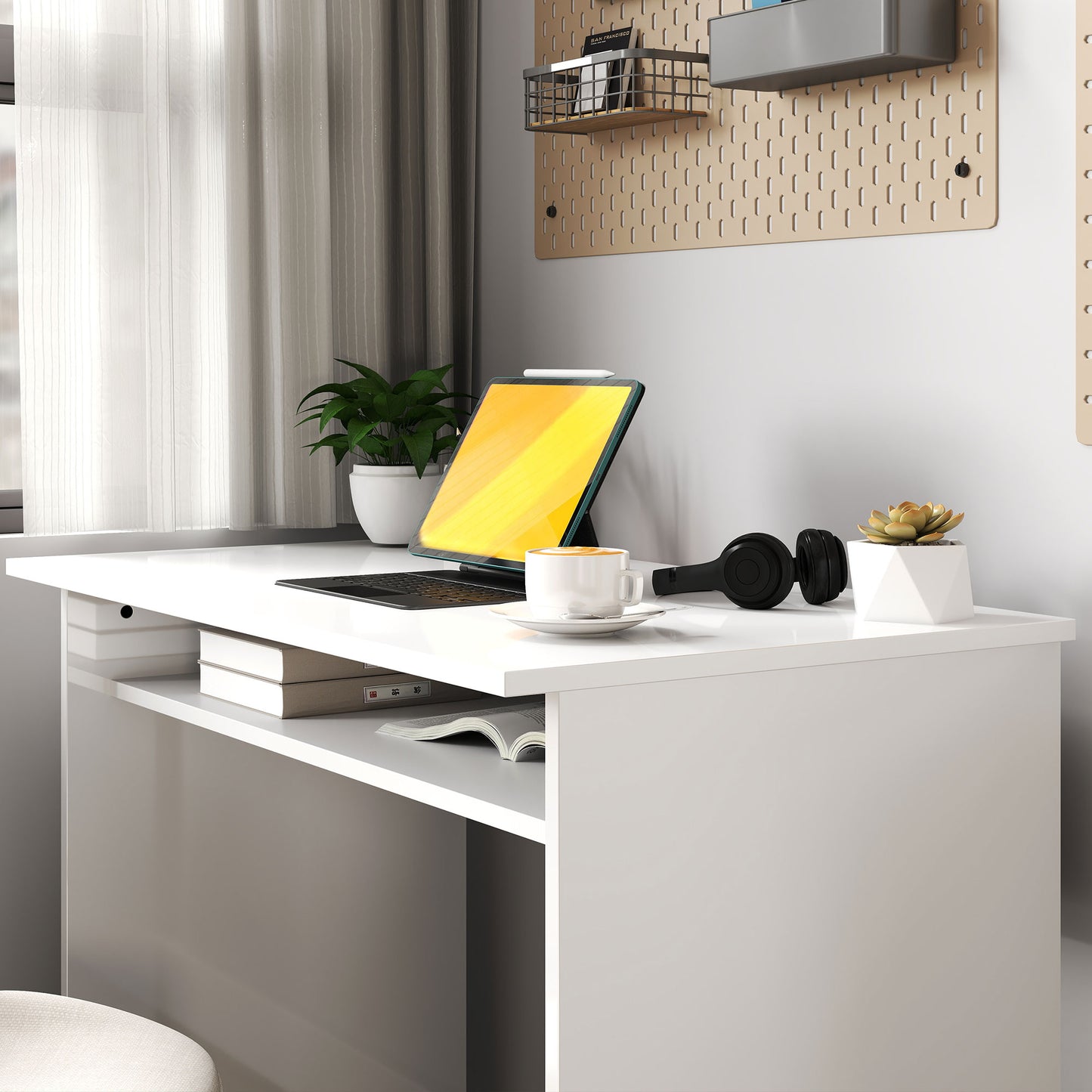 90 x 50cm Computer Table, Modern Home Office Desk, Small Writing Desk with Storage Shelf, High Gloss White