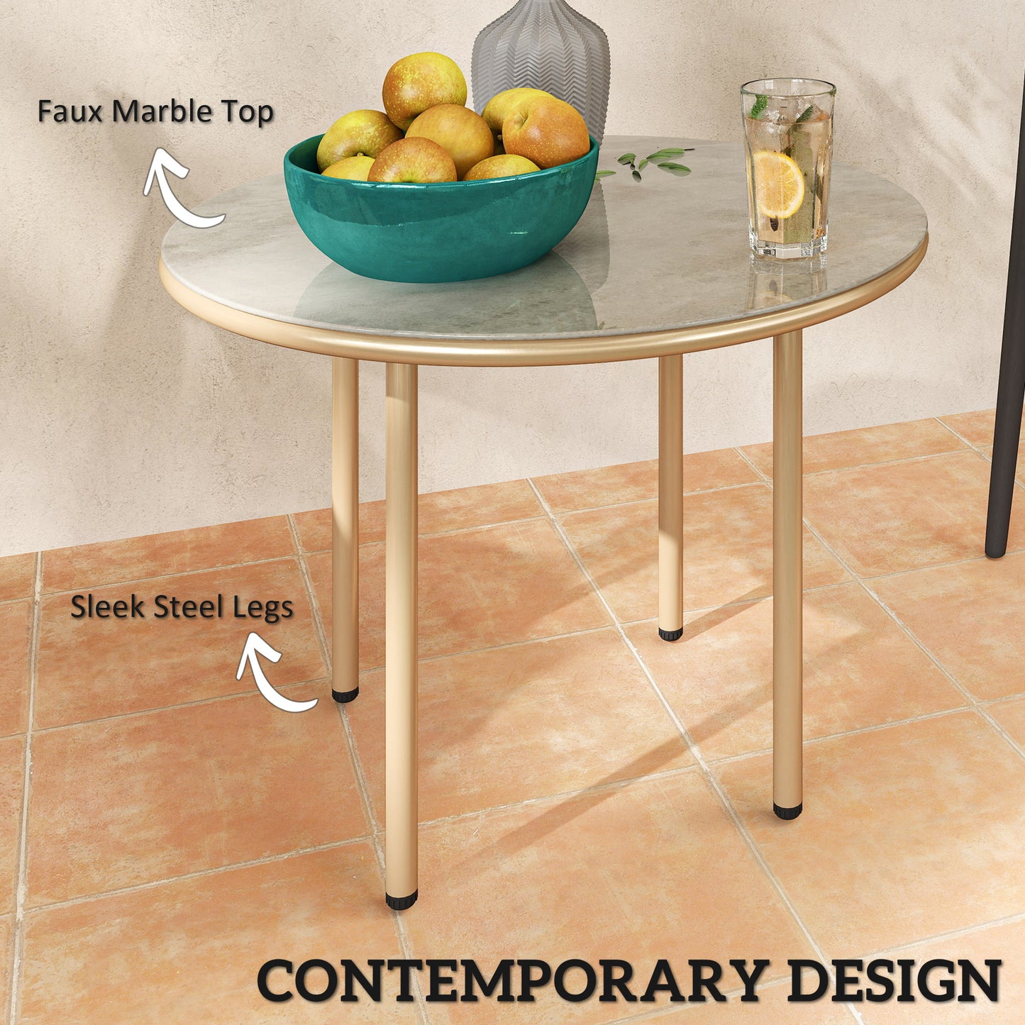 Round Coffee Table, Modern End Side Table with Faux Marble Tempered Glass Top, Steel Frame for Living Room, Bedroom, Office