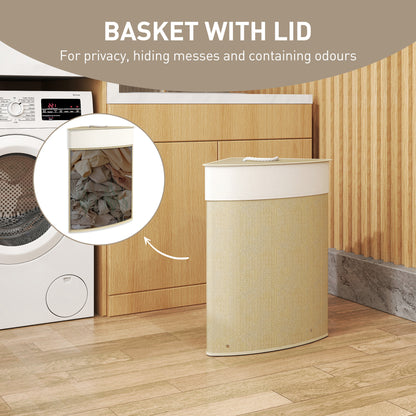 Bamboo Laundry Basket with Lid, 55L Corner Laundry Hamper with Removable Washable Liner Bag