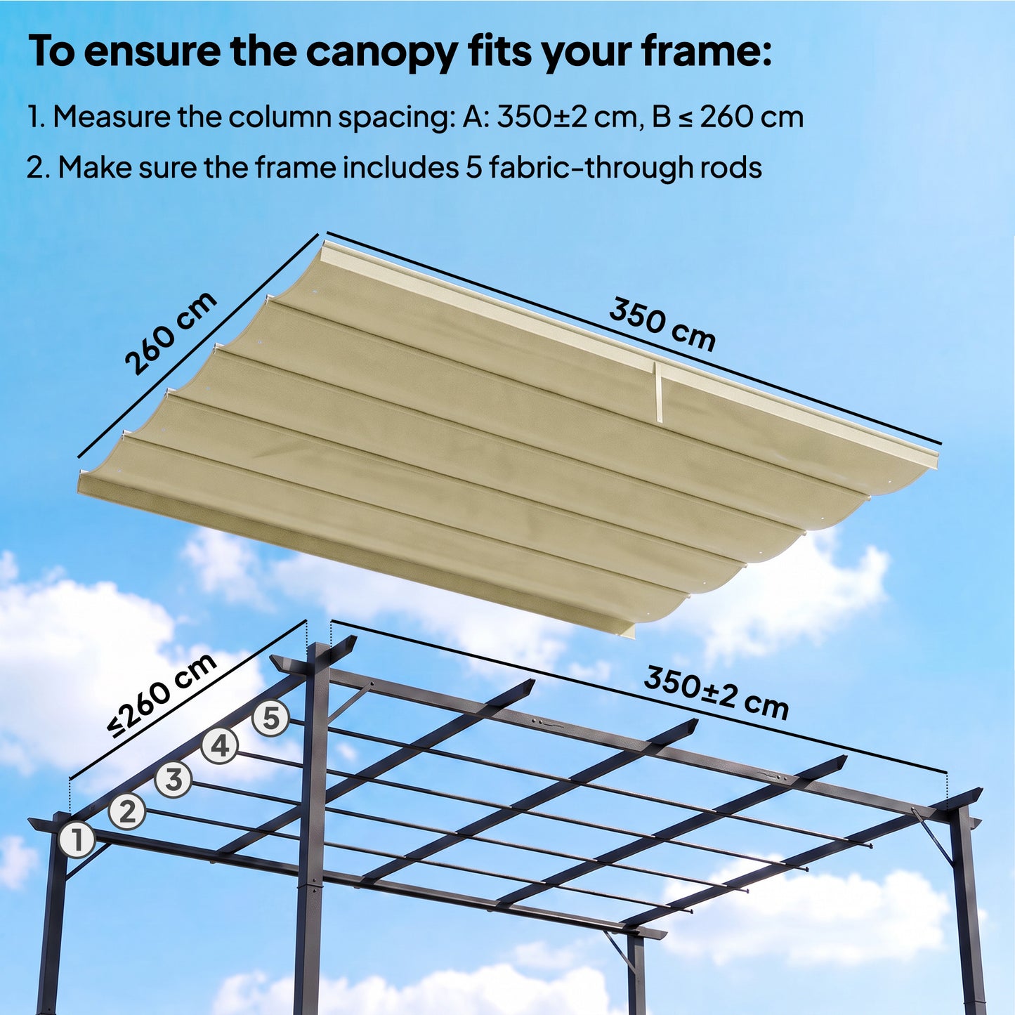 Retractable Pergola Cover, 3.5 x 2.6 m Replacement Canopy Fabric for 4 x 3 m Frame, Roof Top Only, Beige