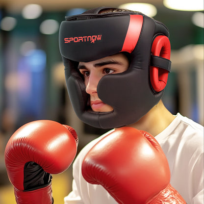 Boxing Headguard w/ Adjustable Strap for Sparring, Kickboxing, MMA, Red/Black