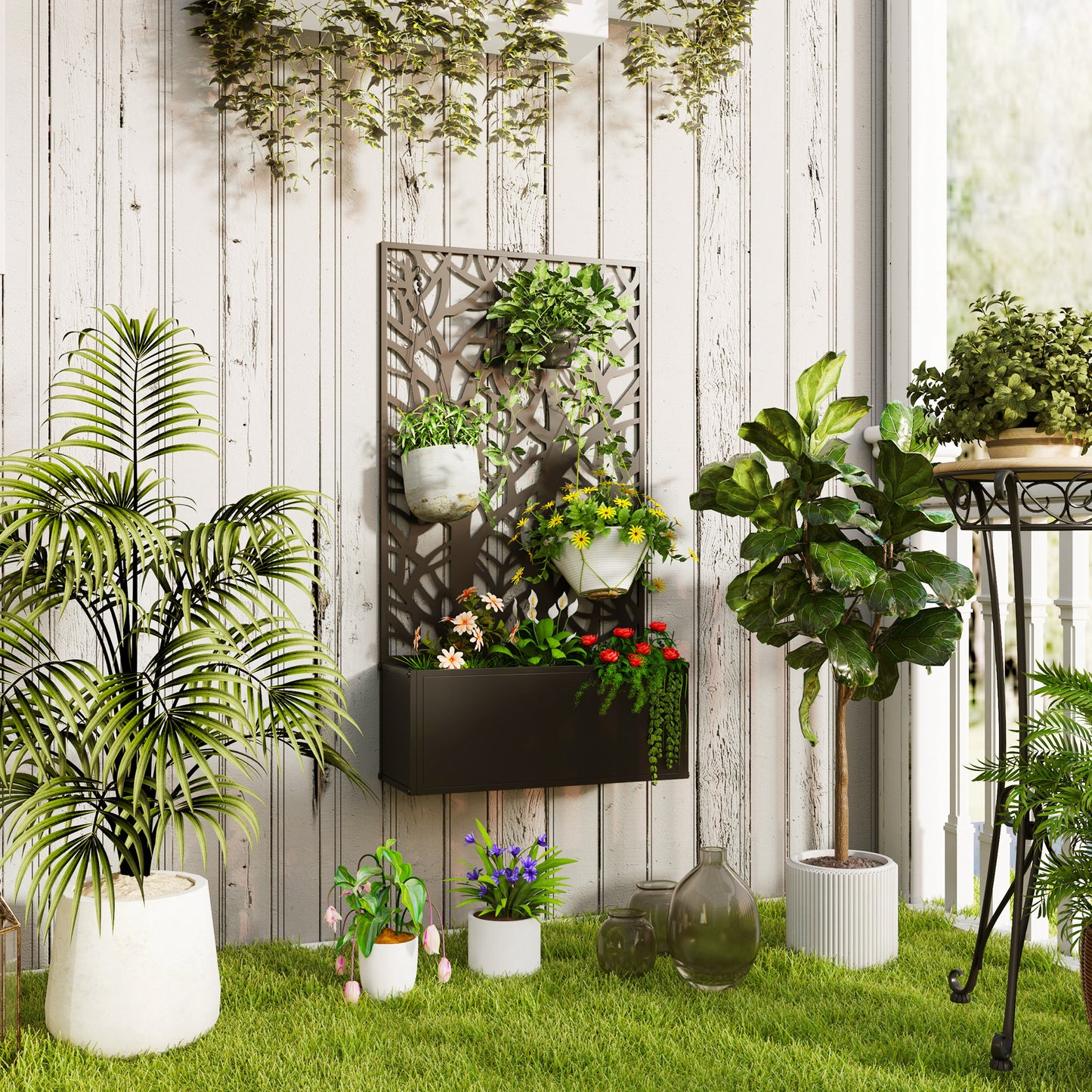 Outdoor Metal Planter, with Back Trellis - Black