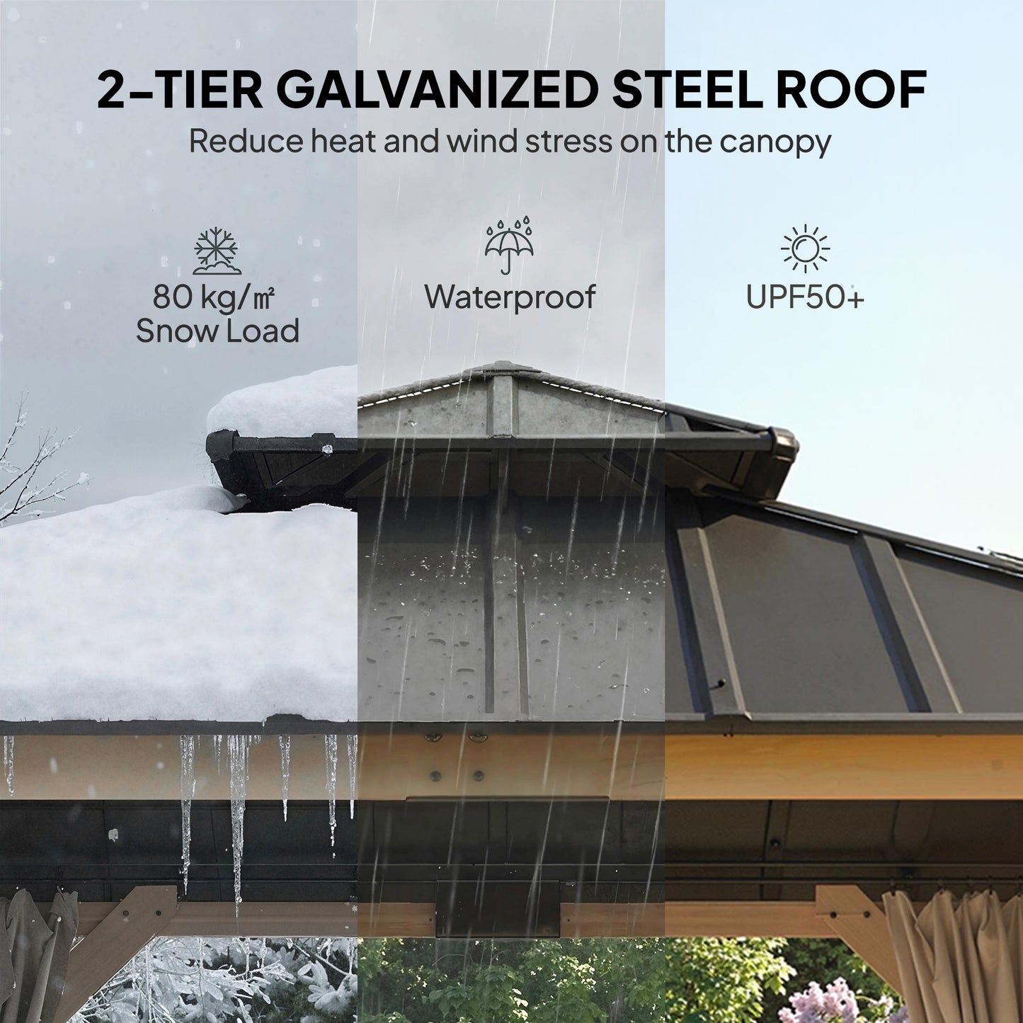 3 x 3 m Outdoor Hardtop Gazebo Canopy with 2-Tier Steel Roof, Wood Garden Gazebo with Curtains, Grey
