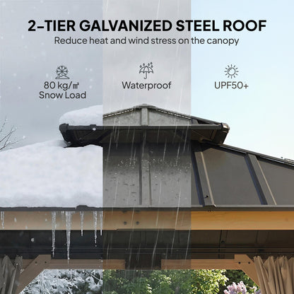 3 x 3 m Outdoor Hardtop Gazebo Canopy with 2-Tier Steel Roof, Wood Garden Gazebo with Curtains, Grey
