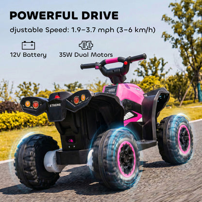 12V Ride-On Quad Bike w/ Music, Horn, for Ages 3-5 Years - Pink