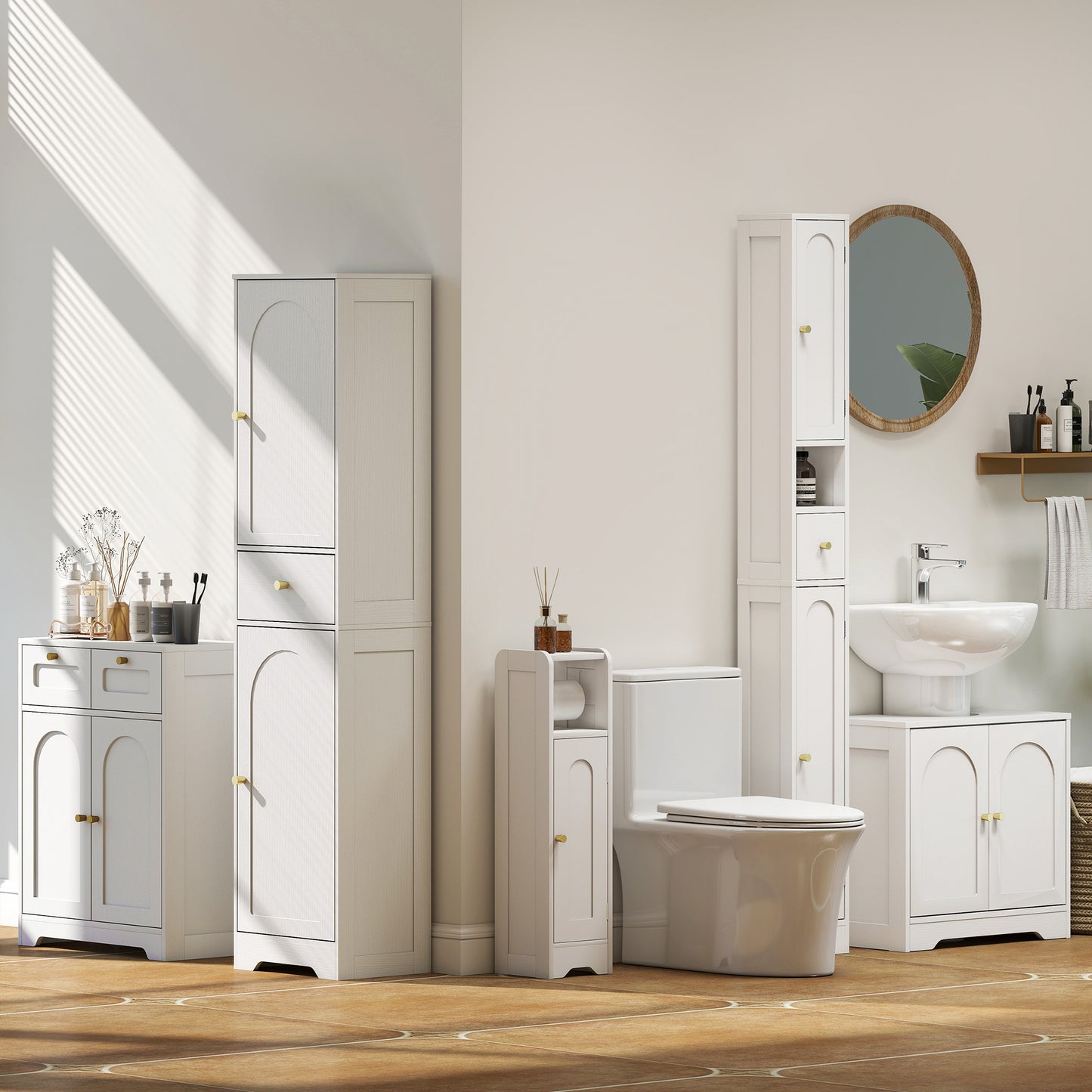 Tall Bathroom Cabinet with Arched Doors - White