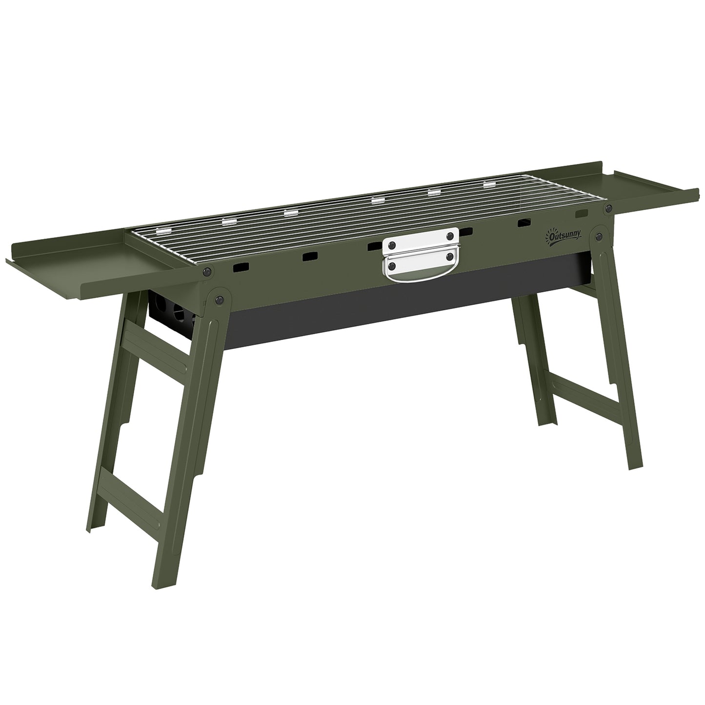Portable BBQ Grill, Foldable Charcoal Grill for Camping and Picnics with 2 Side Shelves and Handle, Green