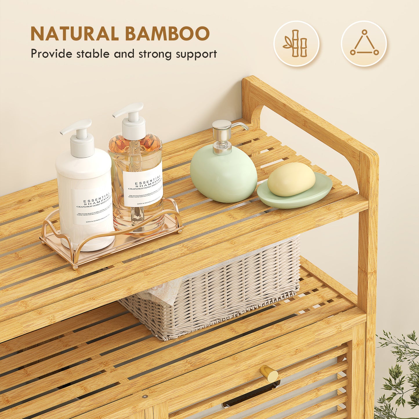 Double Tilt Out Bamboo Laundry Cabinet, Freestanding Bathroom Cabinet with 2 Removable Baskets, Natural