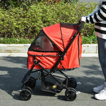 Pet Stroller Pushchair Foldable Travel Dog Cat Carriage w/ Reversible Handle Brake Basket