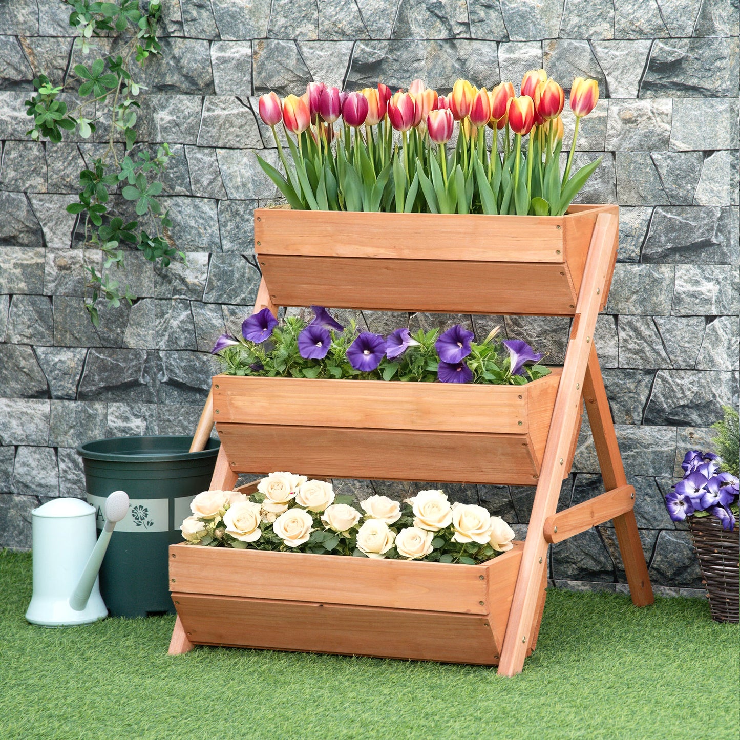 3 Tier Raised Garden Bed Wooden Elevated Planter Box Kit, 66L for Flower, Vegetable, Herb, 65x75x78cm, Brown
