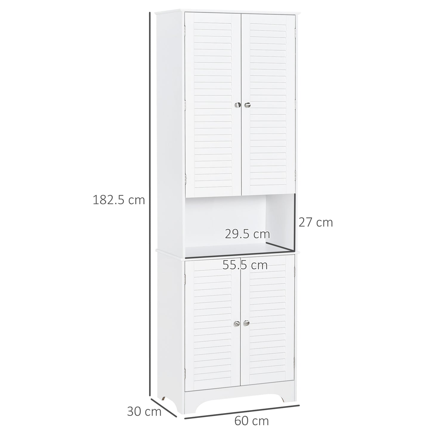 Tall Freestanding Bathroom Cabinet Retro Shutters w/ 3 Compartments Shelves Elevated Base Narrow Organiser White 60L x 30W x