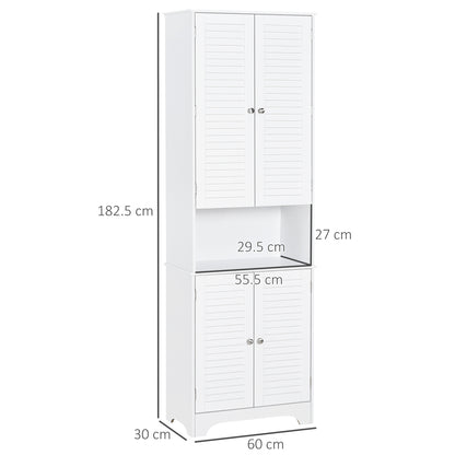 Tall Freestanding Bathroom Cabinet Retro Shutters w/ 3 Compartments Shelves Elevated Base Narrow Organiser White 60L x 30W x