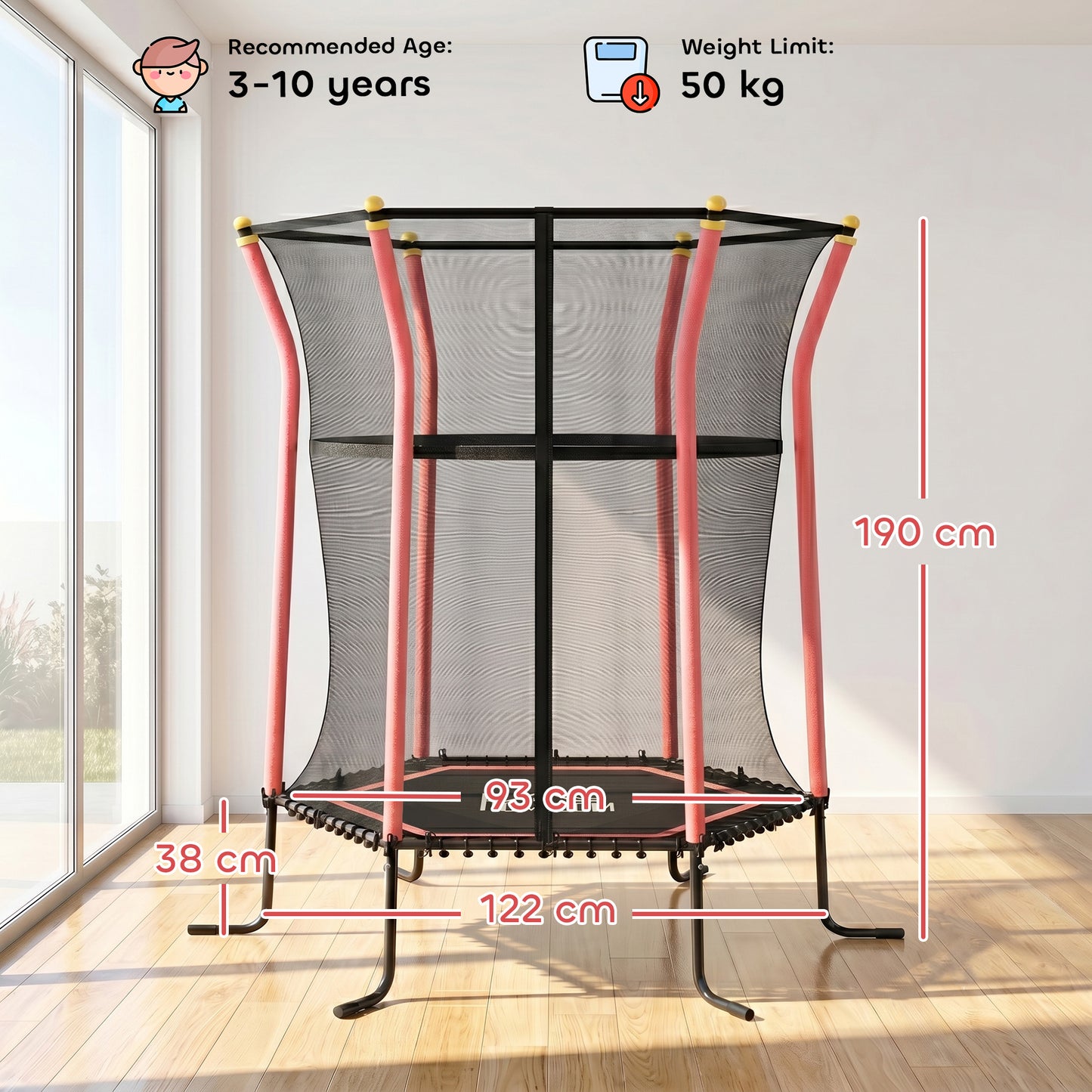Kids Trampoline Mini Bouncer with Enclosure Safety Net For Ages 3-10 Years - Red