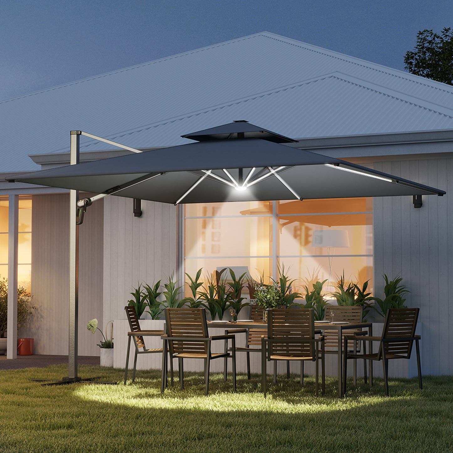 3(m) Garden Cantilever Parasol with Solar LED Lights, Cross Base, 360° Rotation, Crank Handle and Tilt, Grey