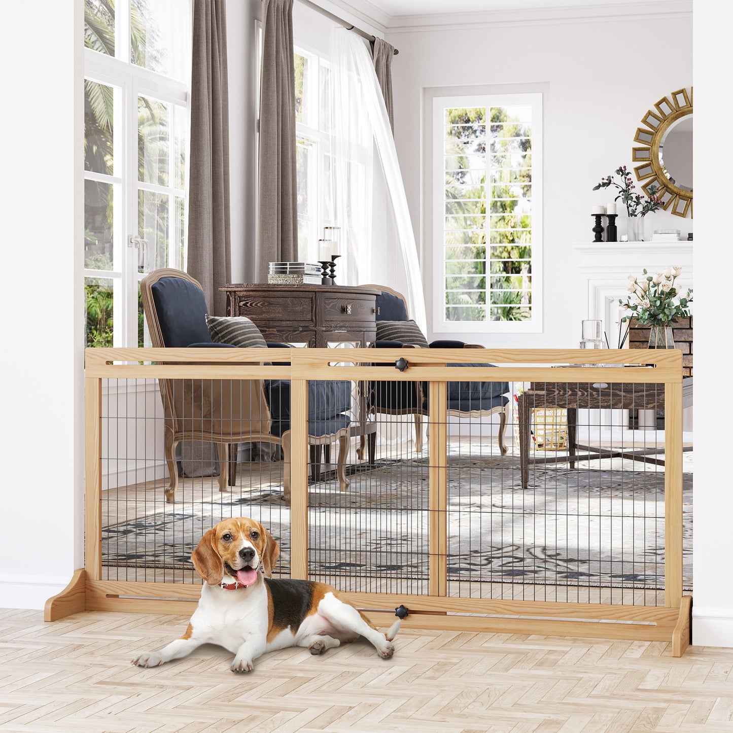 Freestanding Dog Gate, Foldable Pet Fence, Indoor Wood Barrier, Stair Gate with Support Feet, for Doorway, Hallway