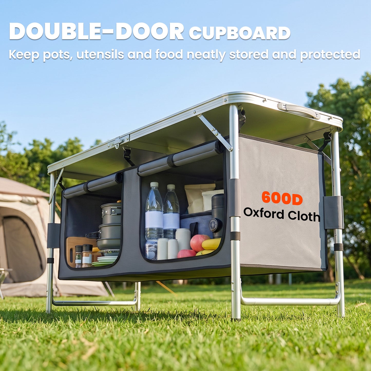 4ft Folding Camping Cupboard Kitchen, Height Adjustable Aluminium Camping Table with Storage