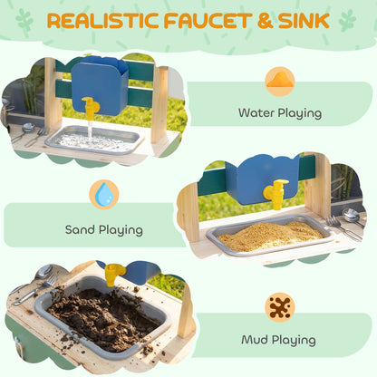 Mud Kitchen with Working Faucet, Kids Play Kitchen with Flower Pots, Kitchen Accessories, Planting Tools, Blue