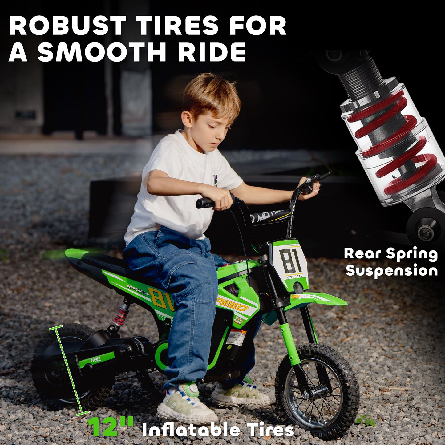 Kids Electric Motorbike, 24V Ride On Motorcycle with 3 Speeds and Rear Suspension, Dirt Bike for 8-12 Years Old, Green