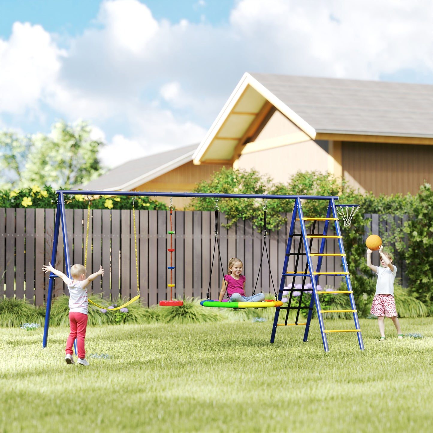 6 in 1 Metal Kids Swing Set with 3 Swings, Climbing Ladder & Net, Basketball Hoop, for Ages 3-8
