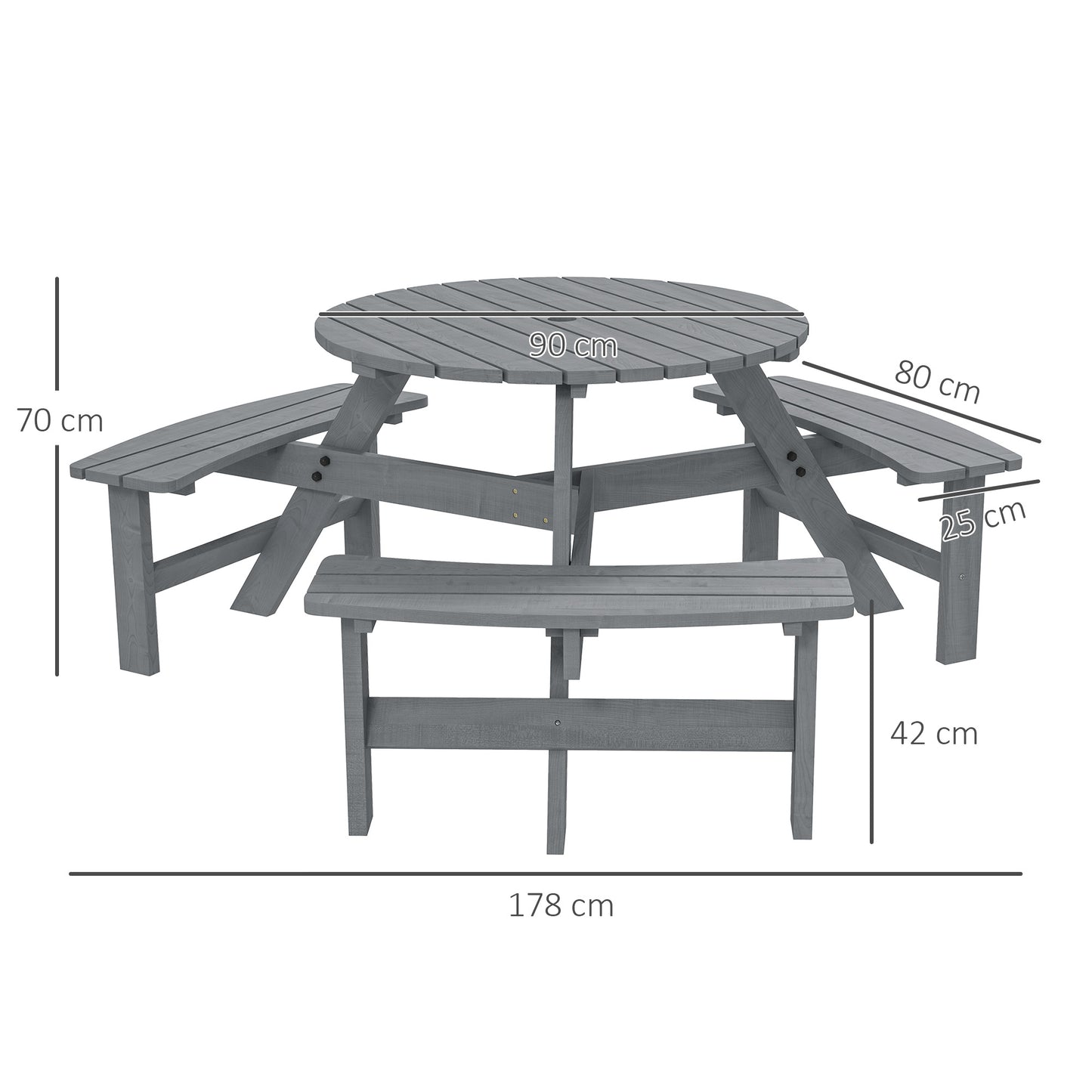 Wooden Garden Dining Set, 6 Seater Round Dining Picnic Table with Matching Bench, Garden Furniture Set