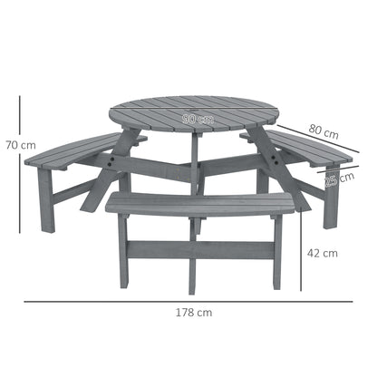 Wooden Garden Dining Set, 6 Seater Round Dining Picnic Table with Matching Bench, Garden Furniture Set