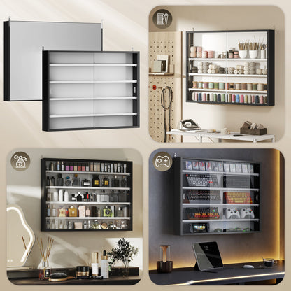 5-Tier Wall Display Cabinet, Wall Mounted Display Case w/ 4 Adjustable Shelves, Glass Doors, 60x80cm, Black and White