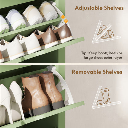Slim Shoe Cabinet, Narrow Shoe Cupboard with 3 Flip Drawers, Adjustable Shelves for 18 Pairs of Shoes, High Gloss Green