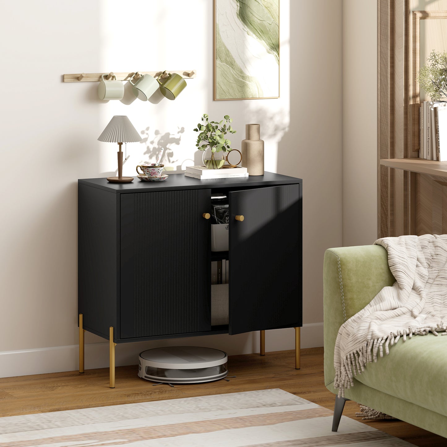 Sideboard Buffet Cabinet, Coffee Bar Cabinet with Fluted Doors and Adjustable Shelf, Black