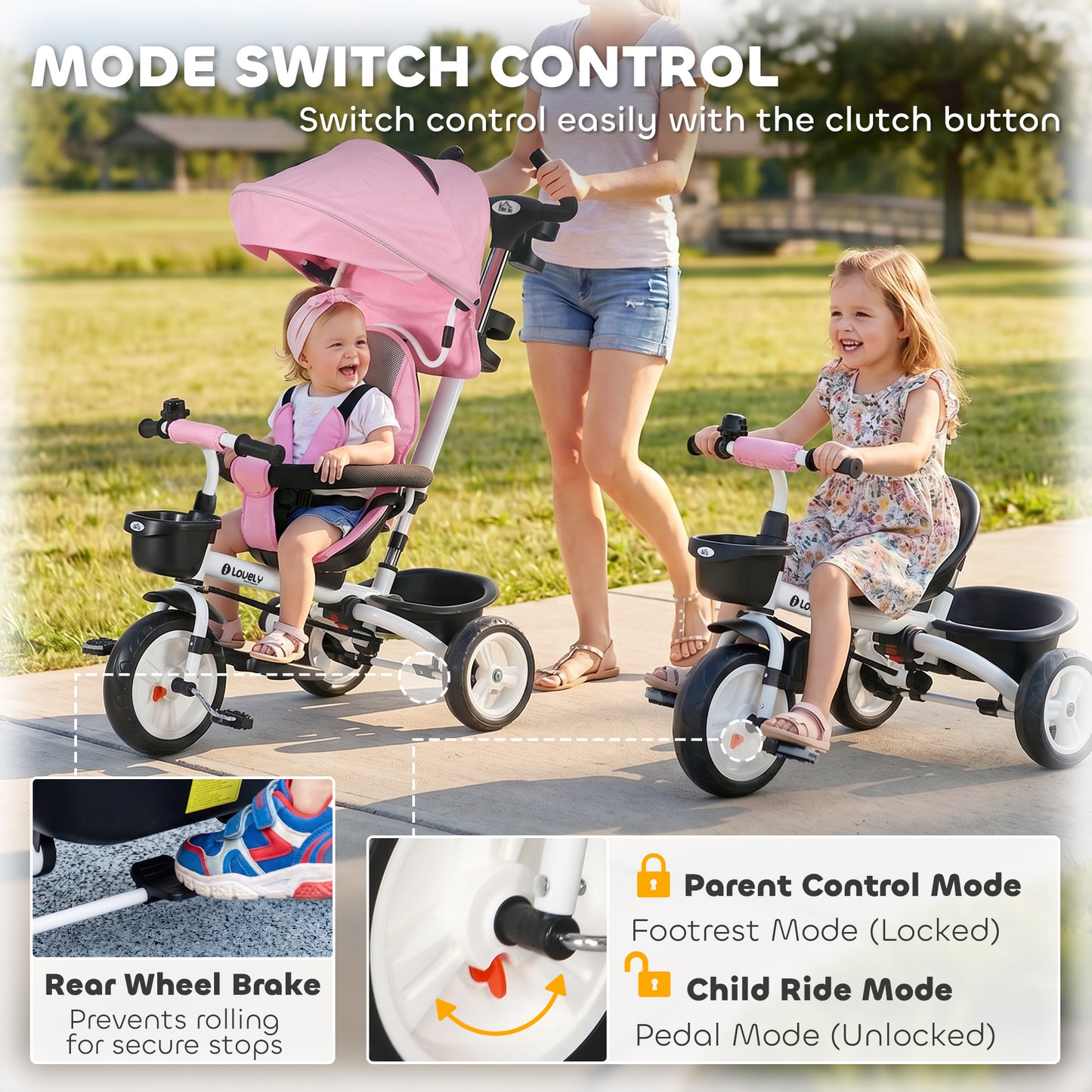 Metal Frame 6 in 1 Baby Push Tricycle with Parent Handle for 1-5 Years Old, Pink
