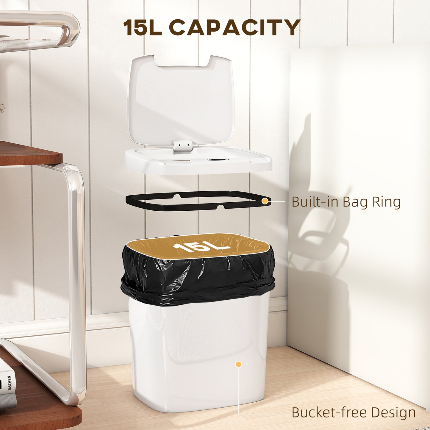 15L Sensor Bin, Automatic Touchless Kitchen Bin, Easy Clean, Battery Operated for Home Office, Bedroom, Bathroom, White