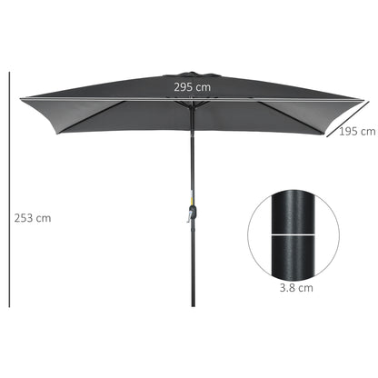 3x2m Garden Parasol Umbrella with Aluminium Pole, Tilt and Crank, Rectangular Outdoor Table Parasol Sun Shade for Patio