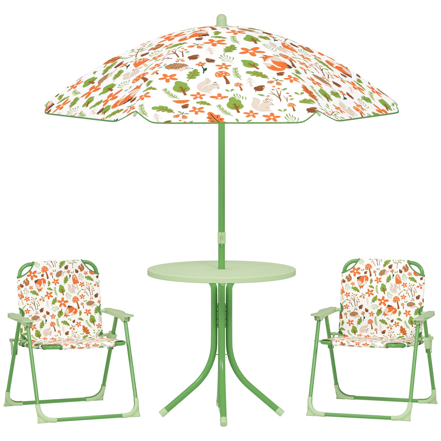 4-Piece Kids Garden Table and Chair Set with Adjustable Parasol, Folding Chairs, Table, Nature Pattern, Green