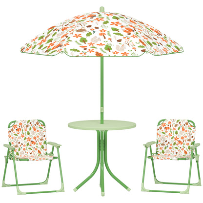 4-Piece Kids Garden Table and Chair Set with Adjustable Parasol, Folding Chairs, Table, Nature Pattern, Green